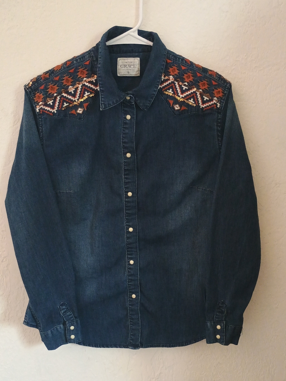 GRACE Dark Blue Denim Western Shirt with Embroidered Orange Accents